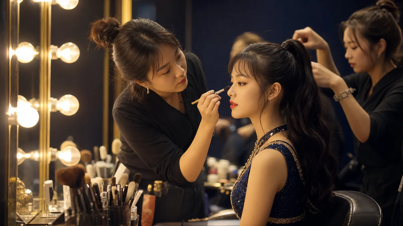 Makeup artist working backstage at a vanity mirror