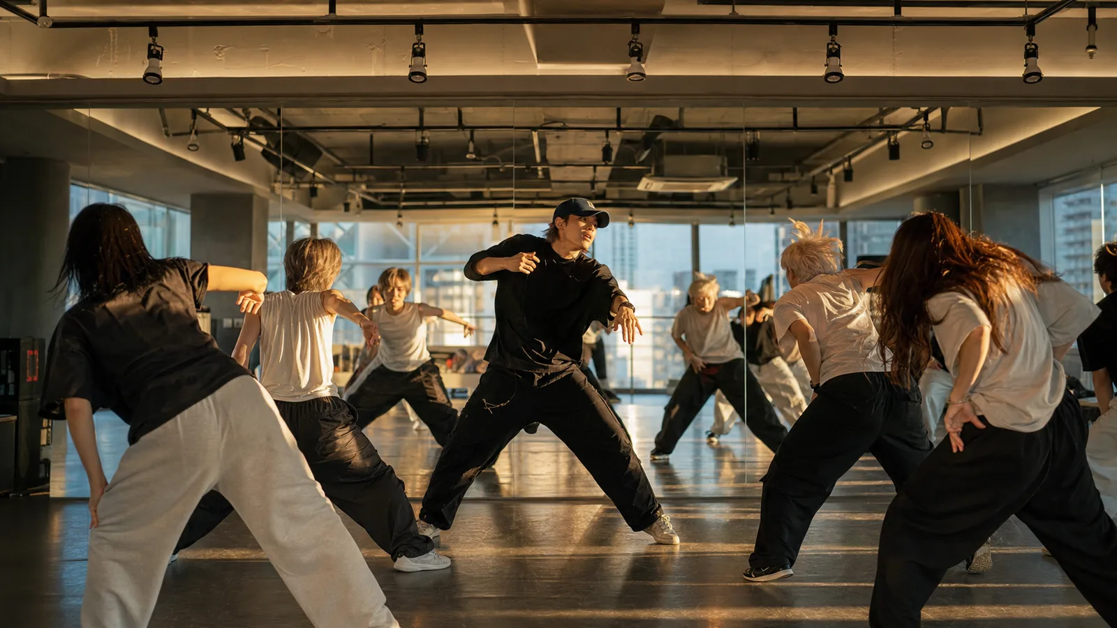 Choreographer leading dancers in a practice room
