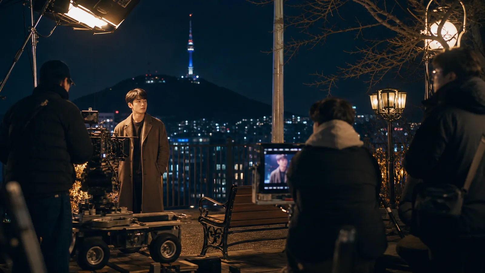 Korean drama filming set at night