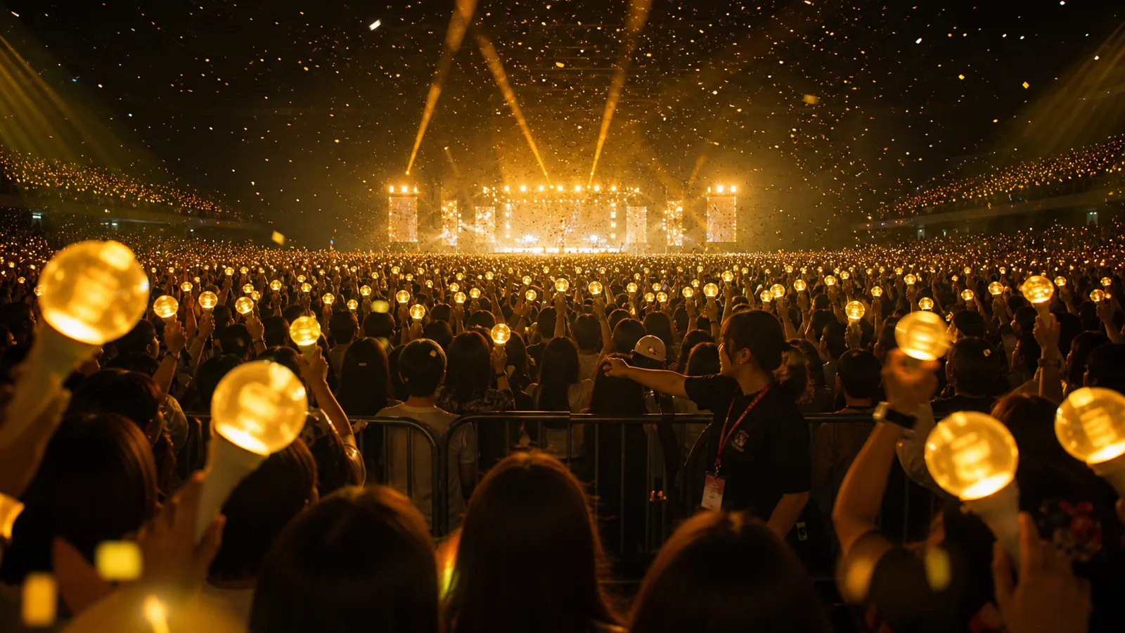 Arena crowd raising golden light sticks