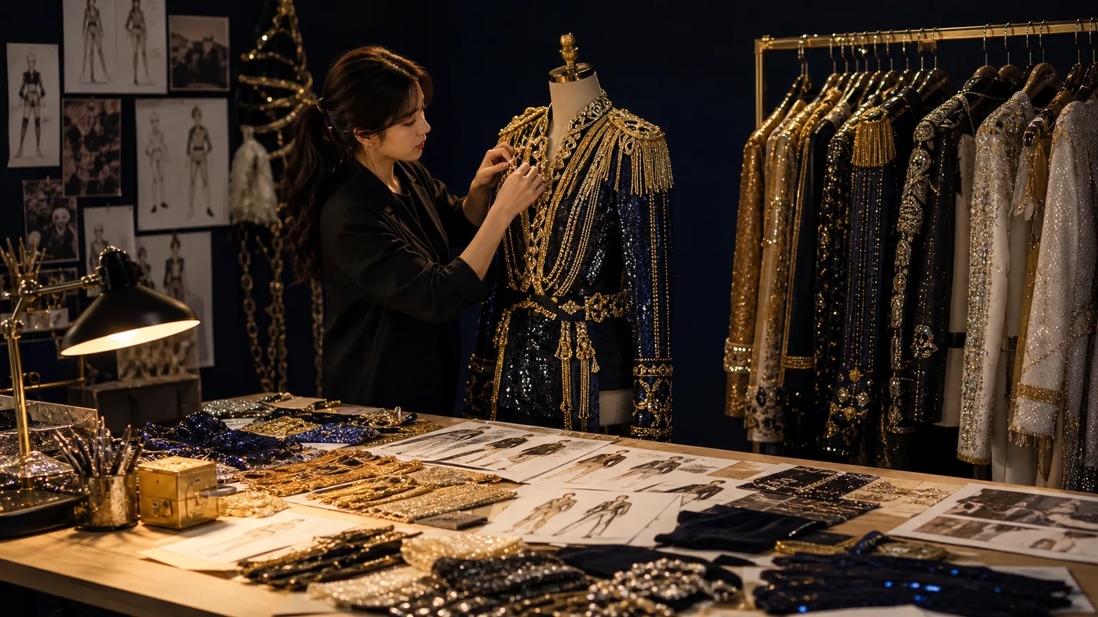 Stage costume designer fitting an outfit in an atelier