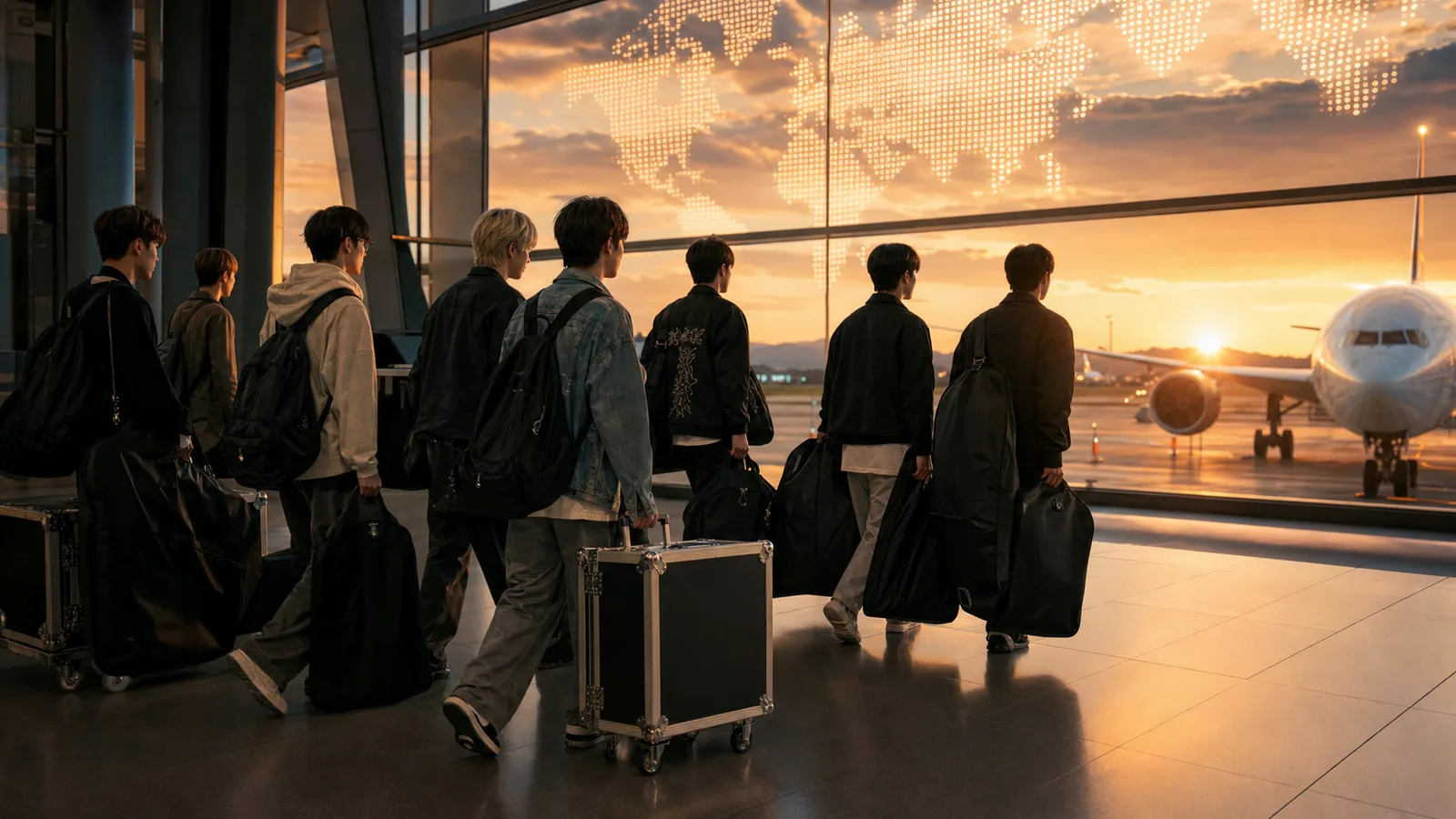 K-pop team departing for a world tour at an airport
