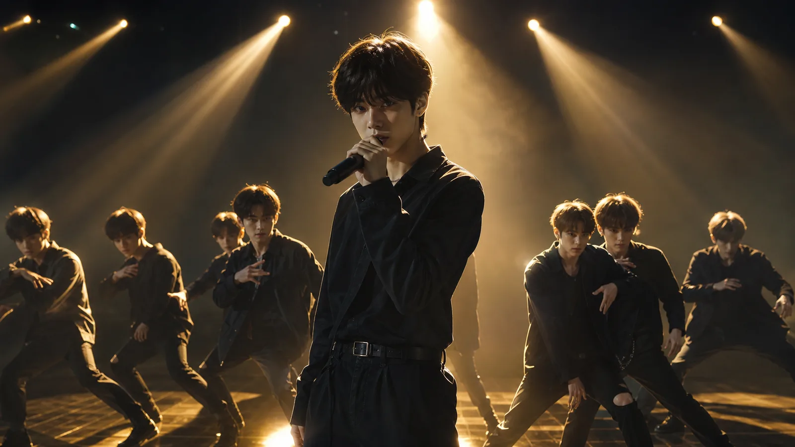 Idol trainees rehearsing on a golden-lit stage