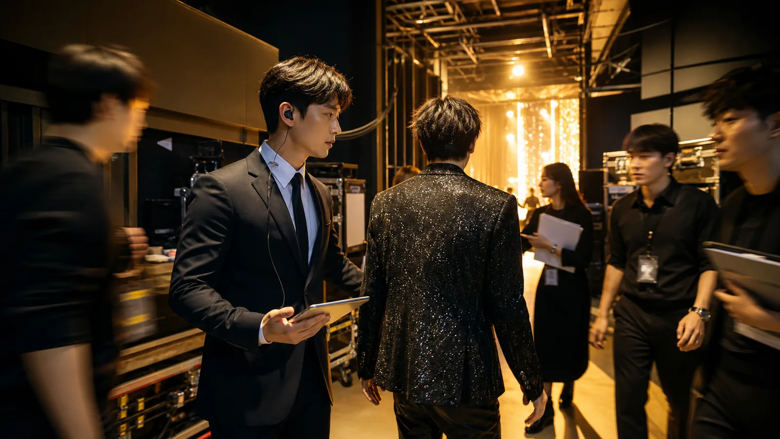 Artist manager guiding a performer backstage
