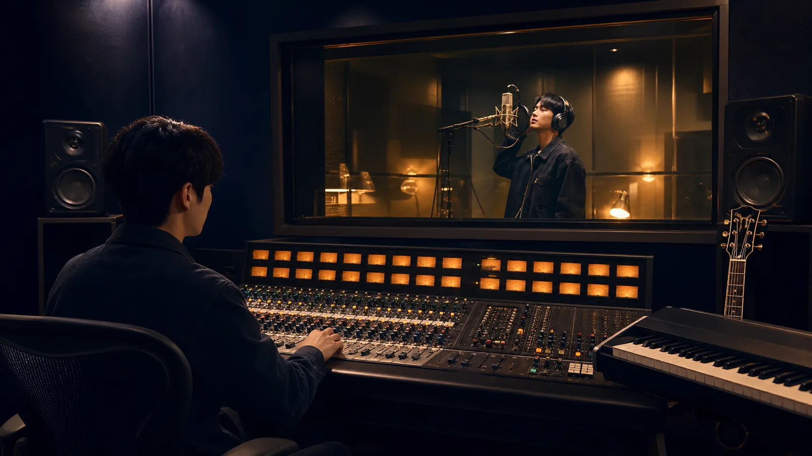 Producer at a mixing console in a recording studio