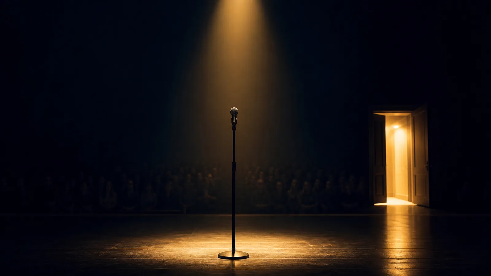 A spotlit stage microphone with an open door of warm light — opportunity opening for global K-Culture talent.